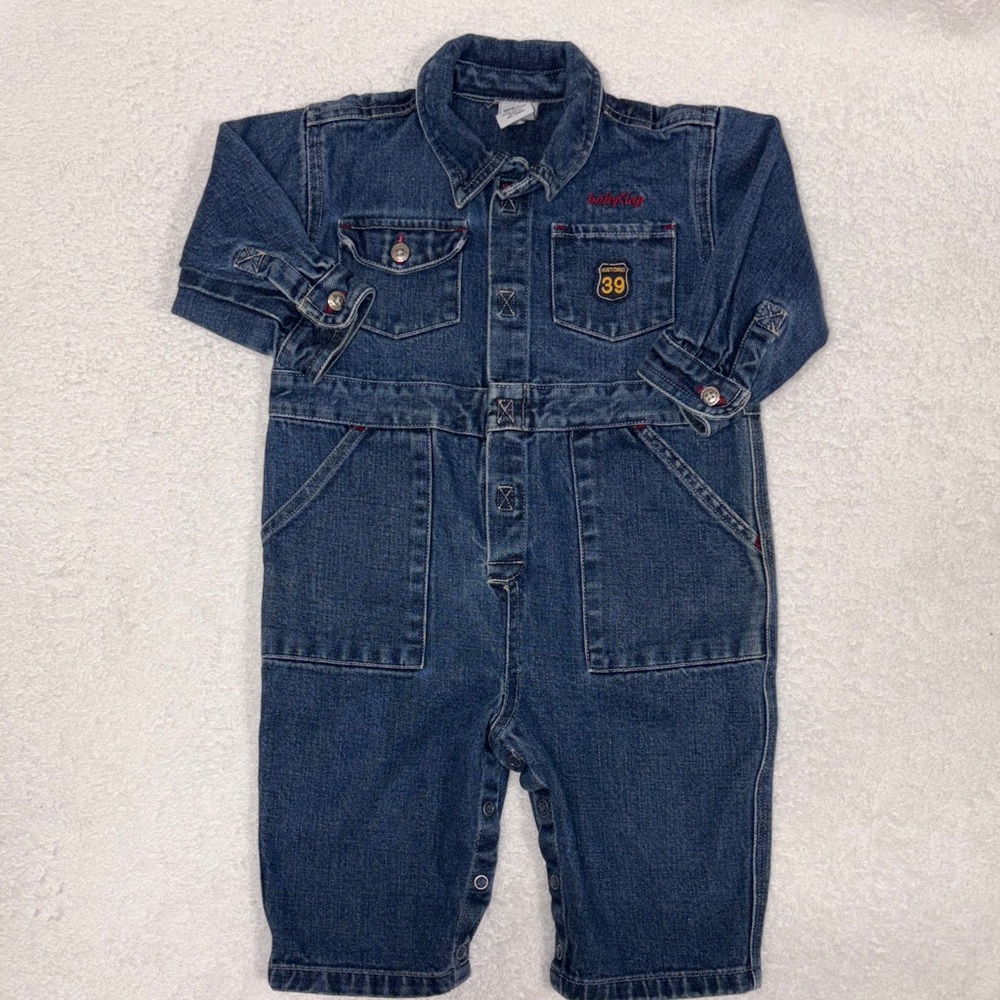 Vintage GAP Kids Blue Denim carpenter embroidered tool Overalls 12/18m
